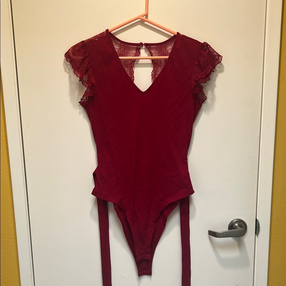 Elegant Red Lace Sleeve Bodysuit